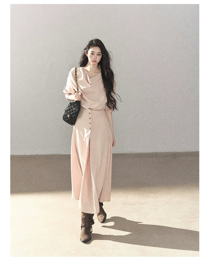 AOMALM - Cinnamon Pink Draped-Neck A-Line Maxi Dress