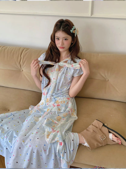 “Sea Salt Blossom Letter” Baby Blue Layered Skirt Set