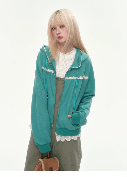 [CAN] Green Lace-Trim Waffle Knit Zip-Up Hoodie