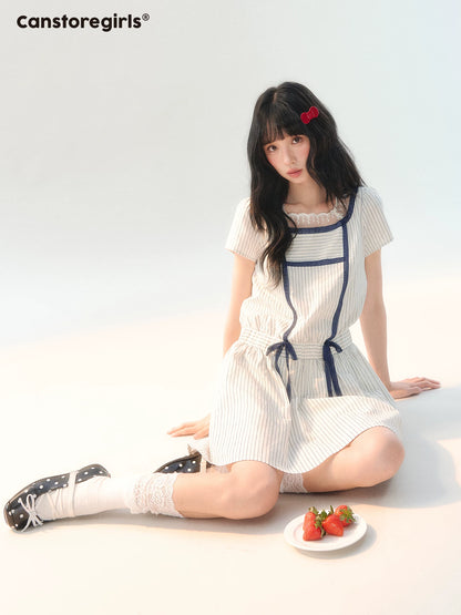 170726C "Midsummer Whisper" White Lace Collar Tie-Waist Dress
