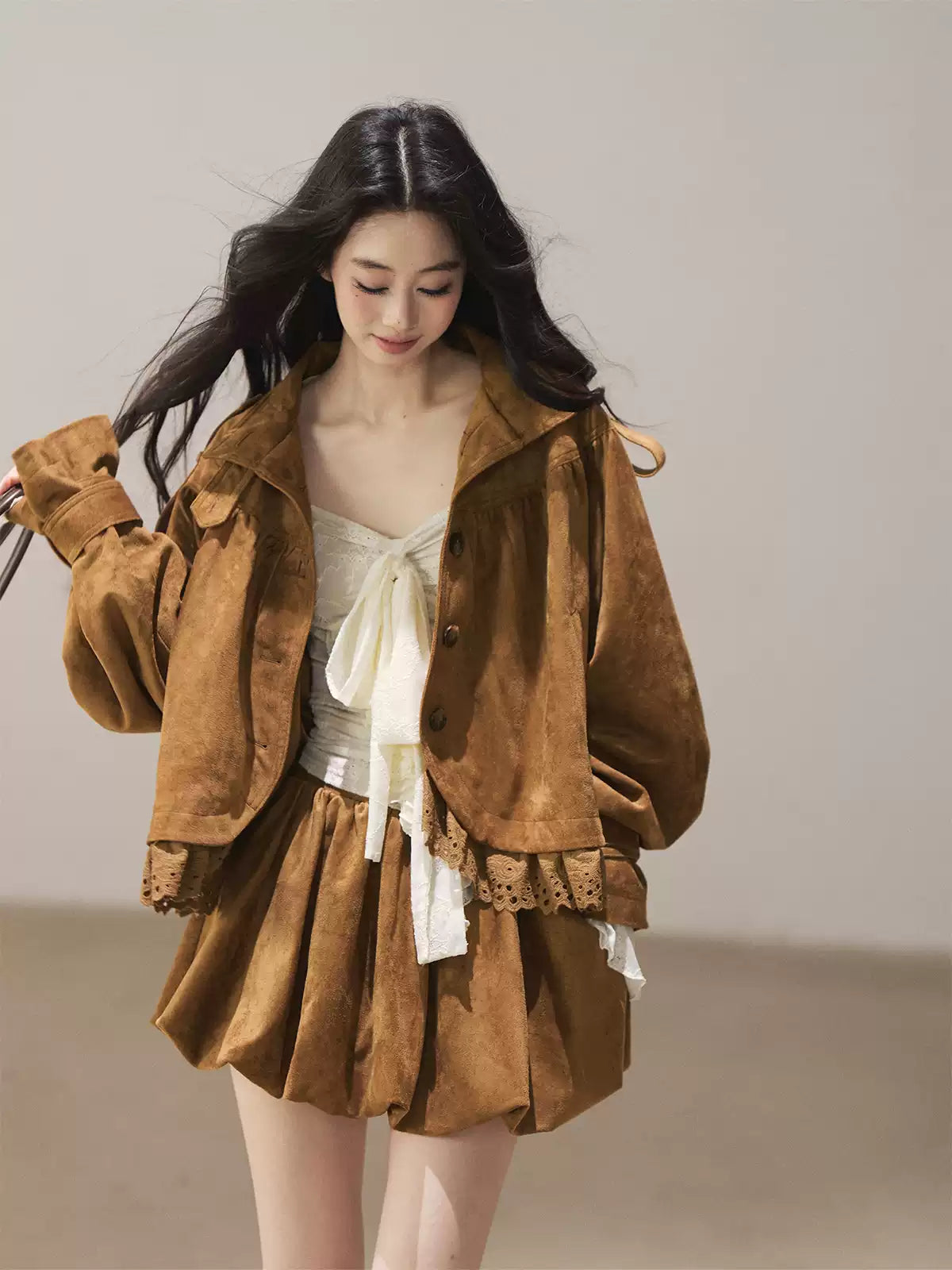 AOMALM - "Wind Through the Valley" Toasted Pecan Brown Faux Suede Jacket & Mini Skirt Set
