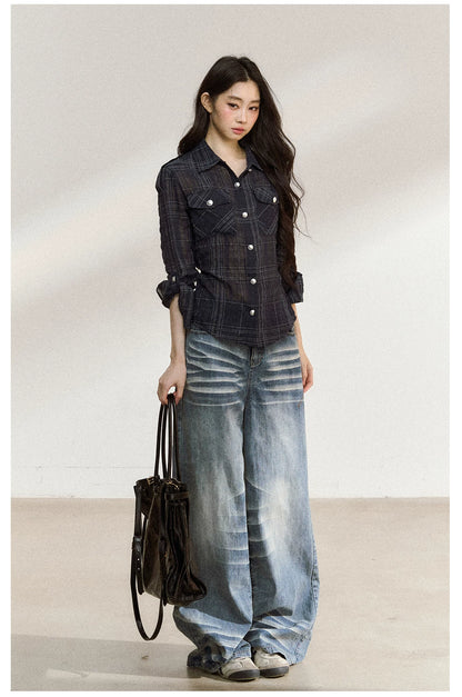 JN's DESIGN - Plaid Adjustable-Waist Long-Sleeve Shirt