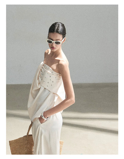 "Summer Rain at Dusk" Cream Beige Satin Two-Piece Set
