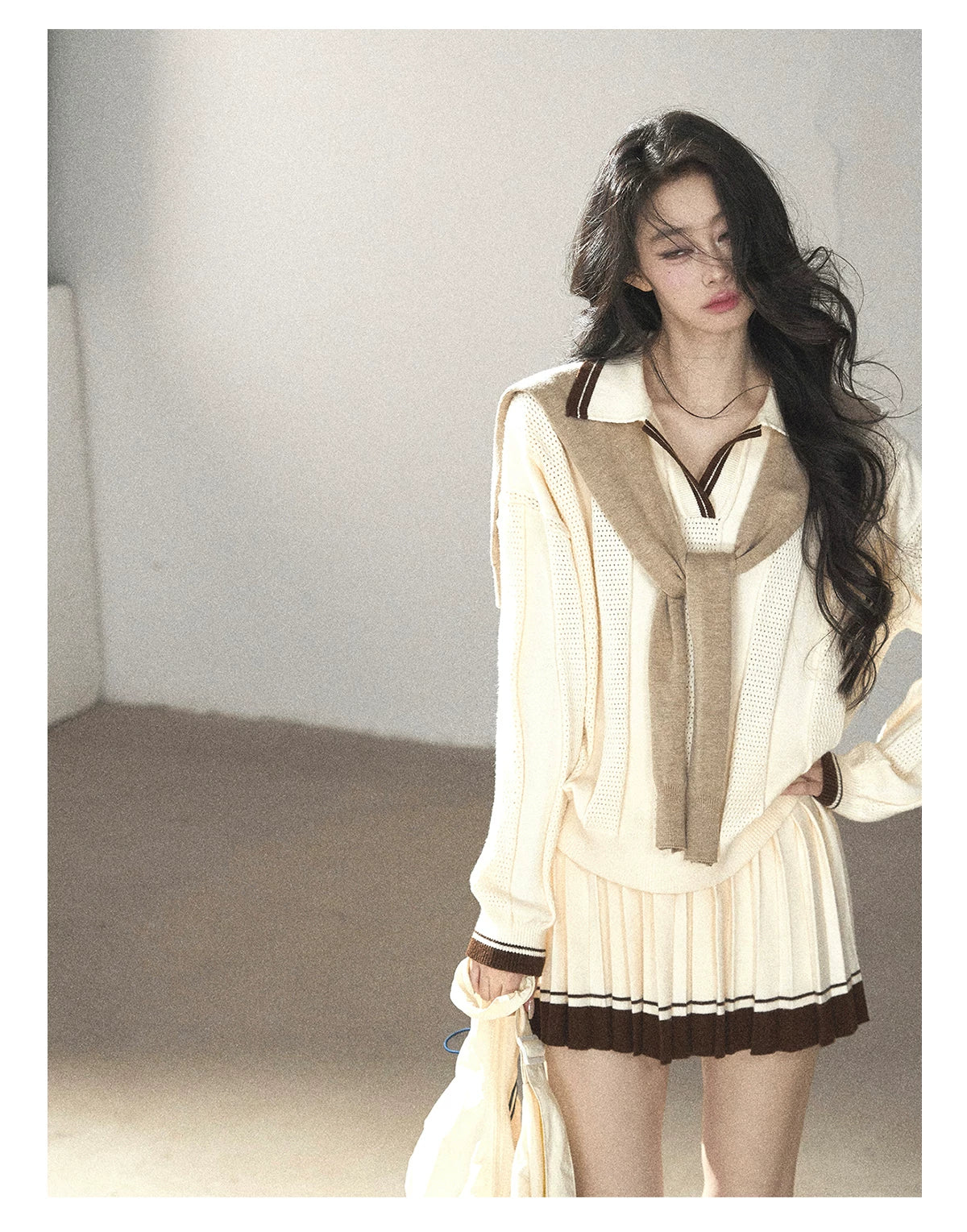 AOMALM - Dutch Cheese Knit Top & Pleated Mini Skirt Set with Khaki Shawl