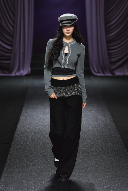 "Midnight Atelier" Black Double-Waist Straight-Leg Trousers