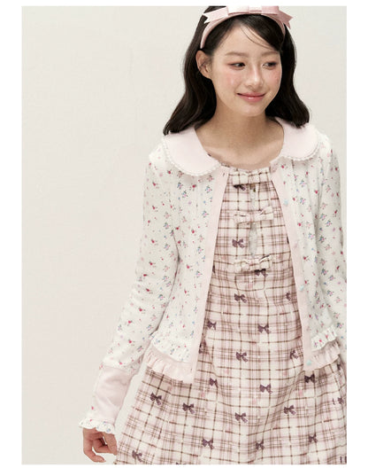[RF] Waffle Texture Peter Pan Collar Floral Cardigan in Soft Pink