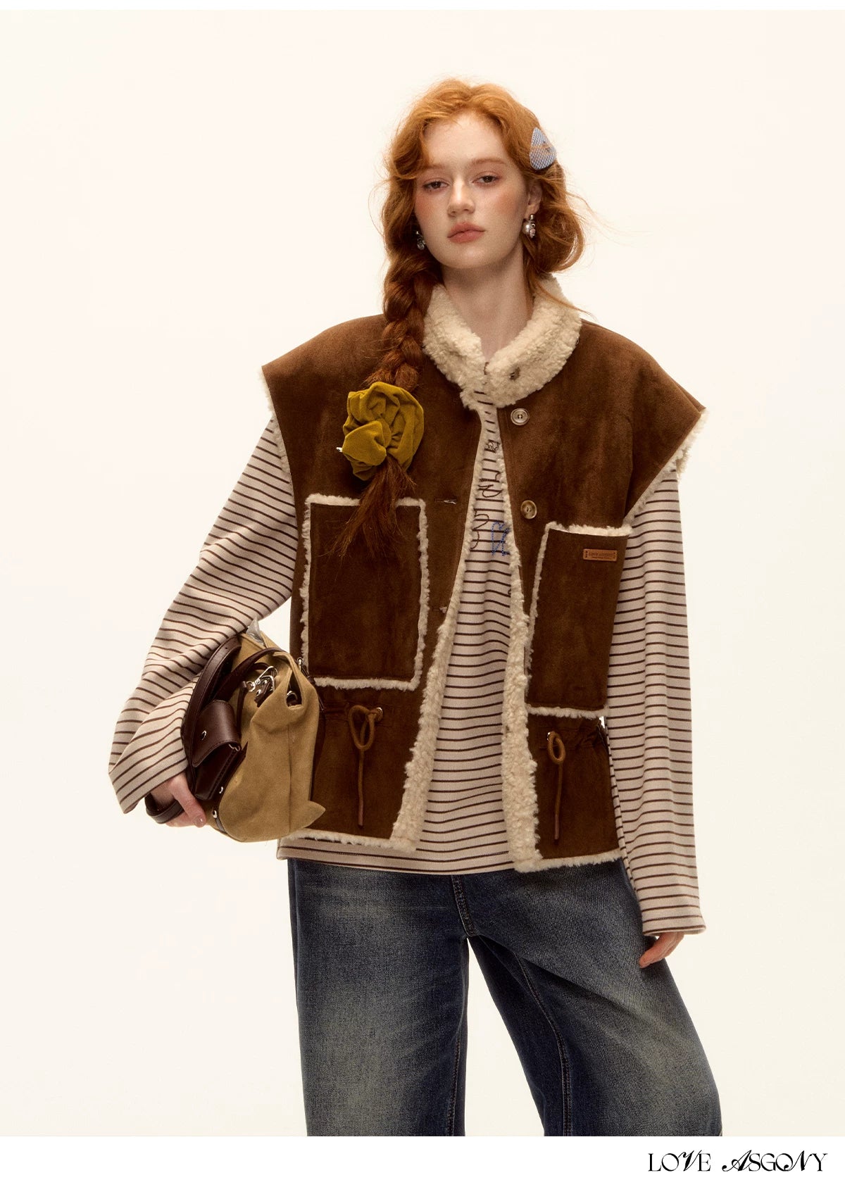ASGONY - Brown Reversible Suede Faux Shearling Drawstring Vest