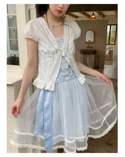 [RF] “Sweet Bluebell” Light Blue Plaid Lace-Trim Three-Piece Set