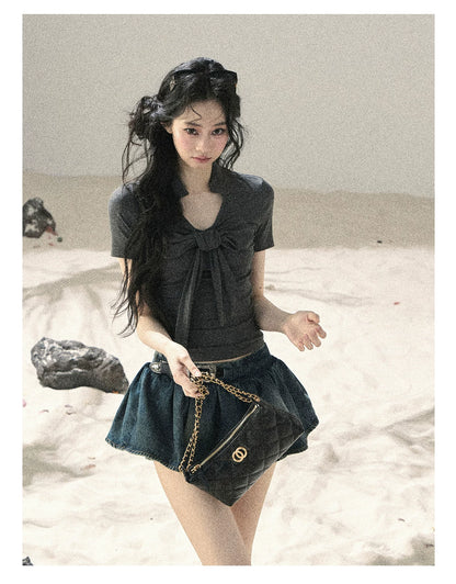 "Breeze Through the Bow" Slate Gray V-Neck Crop Top