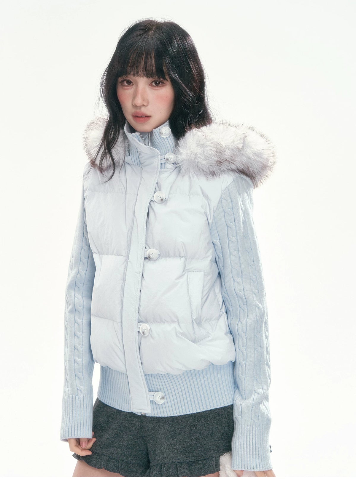 CAN - "The Macaron Affair" Cable-Knit Collar Puffer Jacket (Water Blue / Light Pink)