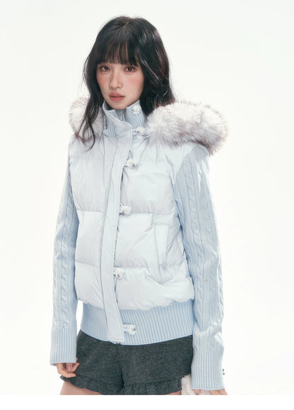 CAN - "The Macaron Affair" Cable-Knit Collar Puffer Jacket (Water Blue / Light Pink)