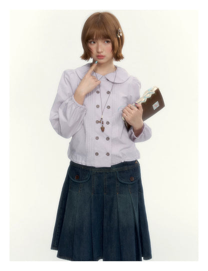 “Academy Melody” Navy Plaid & Dusty Purple Peter Pan Collar Cotton Shirt (Navy Plaid / Dusty Purple)