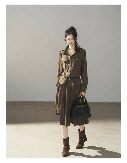 AOMALM - Terracotta Brown Shirt & Pleated Mini Skirt Set (With Belt)
