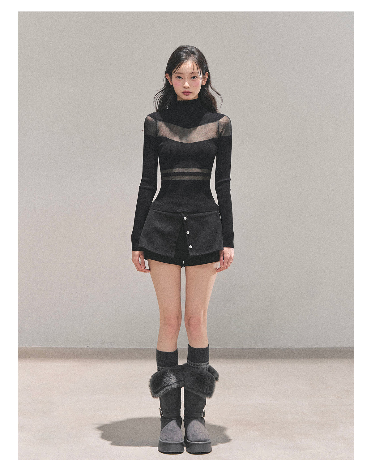 少也眼 “Whisper of Nightfall” Sheer-Panel Mock-Neck Knit Tee - Black 11.18-4