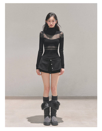 少也眼 “Whisper of Nightfall” Sheer-Panel Mock-Neck Knit Tee - Black 11.18-4