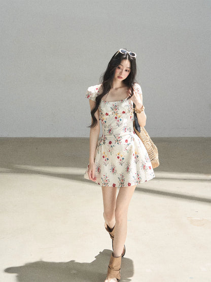 "Bloom Before Dawn" Dutch Cream Embroidered Floral Chiffon Mini Dress