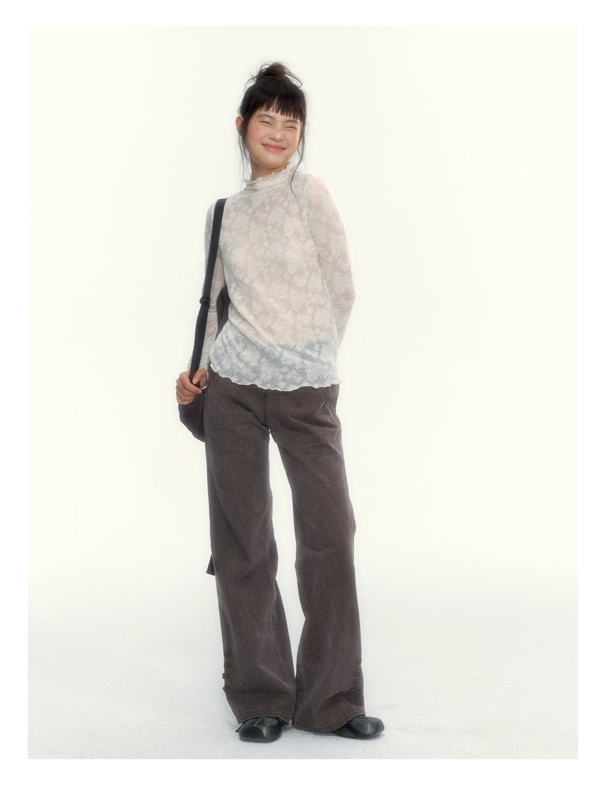 “Everyday Mist” Jacquard Lace Layering Top ( Ivory / Fog Gray )