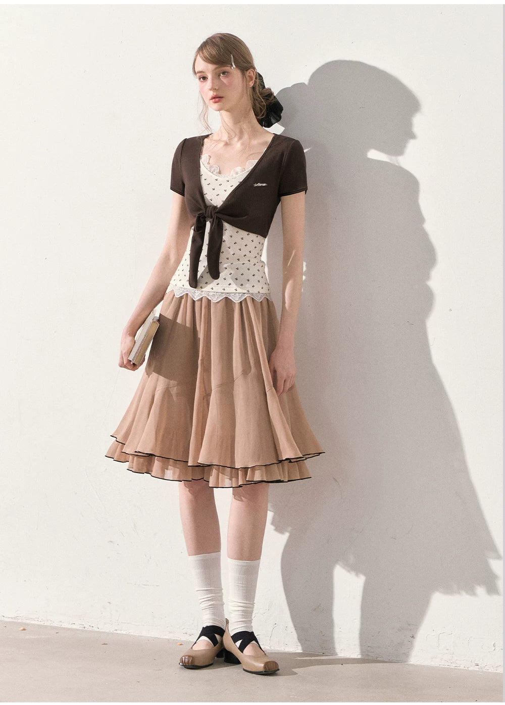 "Summer Café Encounter" Chocolate Knit Cardigan, Floral Lace Cami & Mocha Chiffon Skirt Set