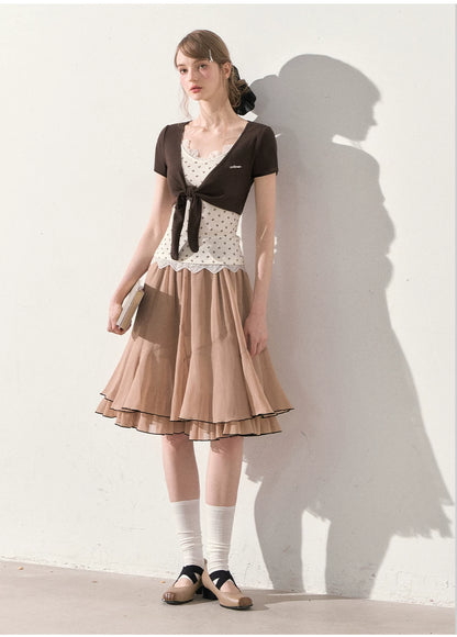 "Summer Café Encounter" Chocolate Knit Cardigan, Floral Lace Cami & Mocha Chiffon Skirt Set