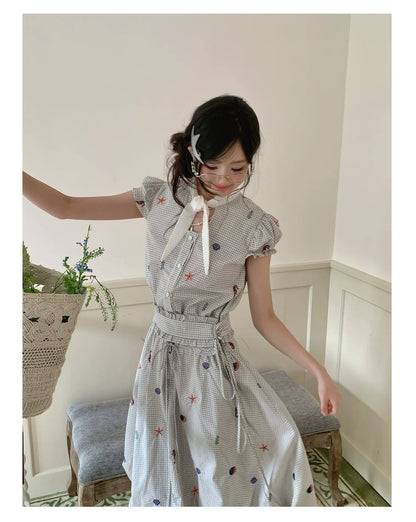 “Seaside Plaid Isle” Ocean Plaid Bubble Hem Dress