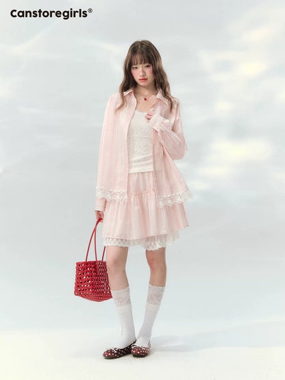 “Pink Mist Love Letter” Pink Stripe Lace Skirt Set LL2026161