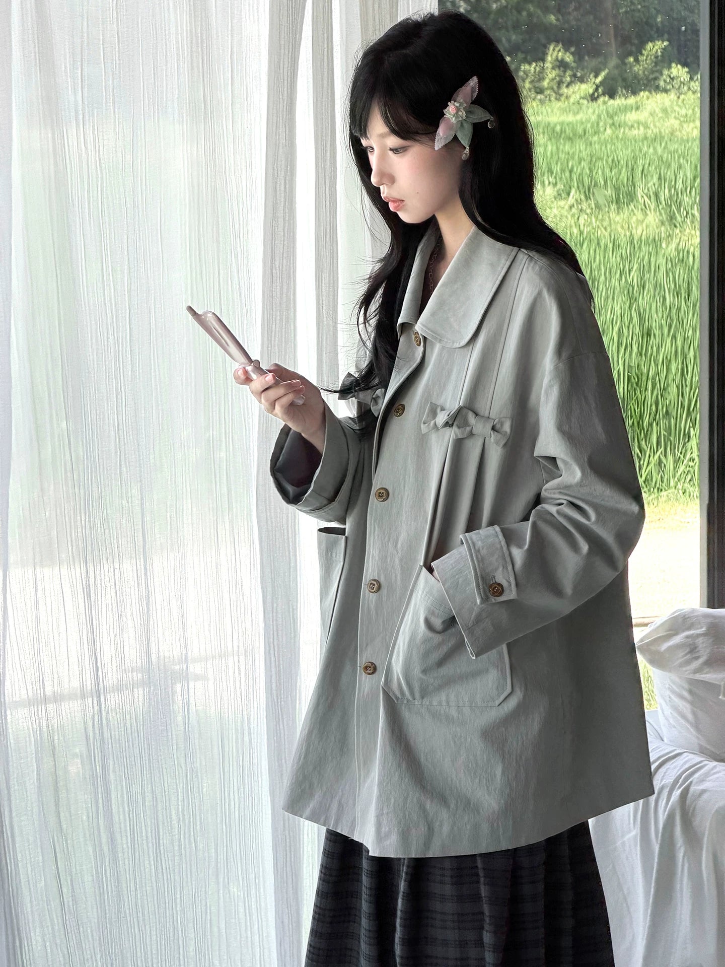 "Sage Whisper" Layered Trench Collection (Round Collar Coat / Knit Top / Polka Dot Cami / Plaid Skirt)