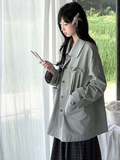 "Sage Whisper" Layered Trench Collection (Round Collar Coat / Knit Top / Polka Dot Cami / Plaid Skirt)