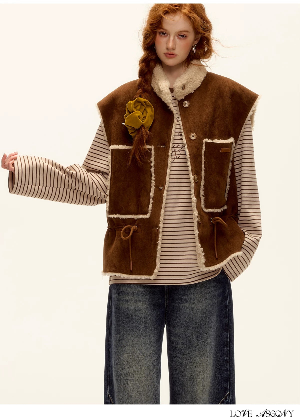 ASGONY - Brown Reversible Suede Faux Shearling Drawstring Vest
