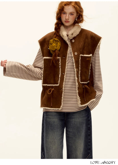ASGONY - Brown Reversible Suede Faux Shearling Drawstring Vest