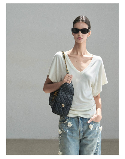 "The First Ray of Sunshine" V-Neck Crop Tee (Ginger Yellow. Creamy Apricot White)