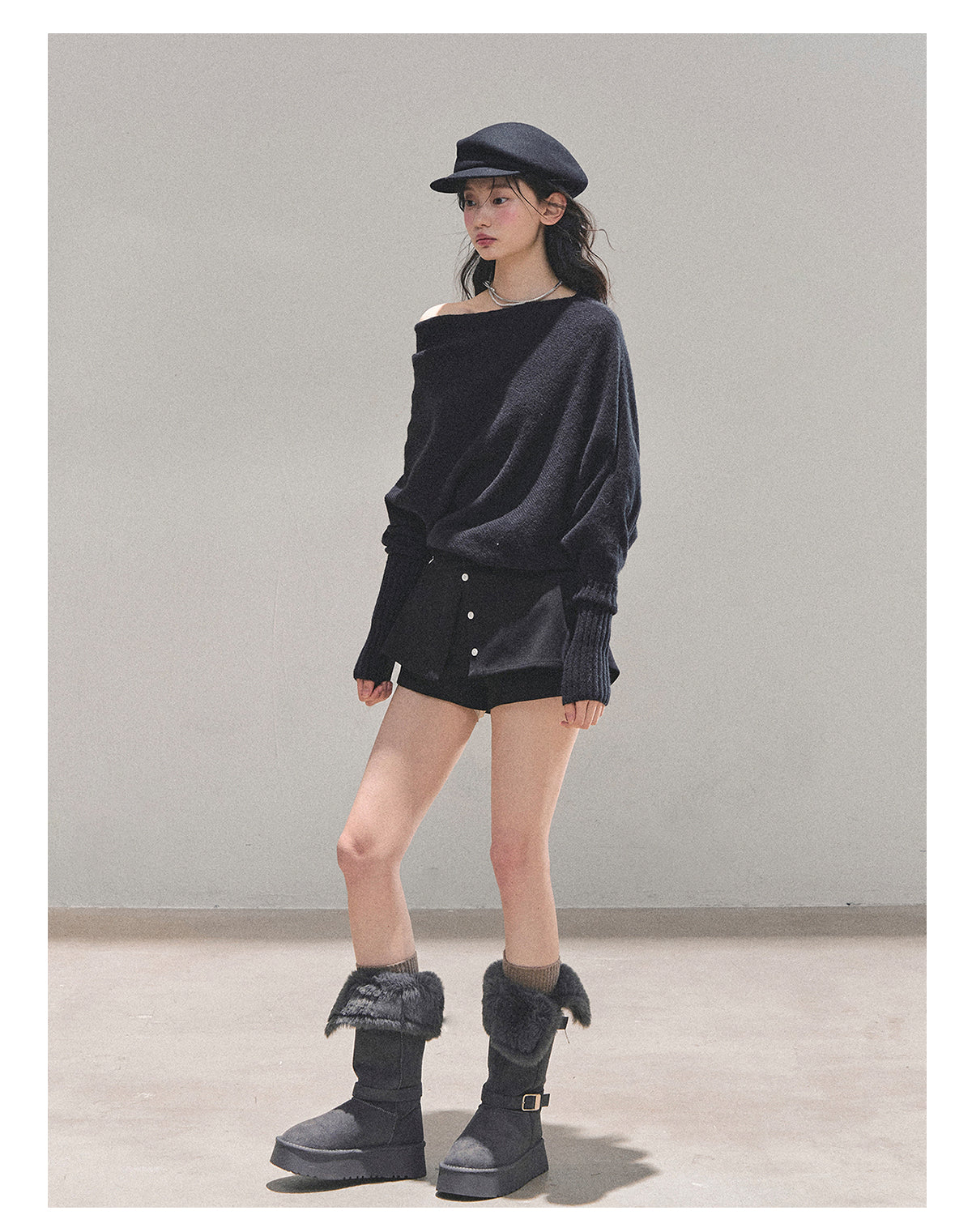 少也眼 “Soft Minimalism” Off-Shoulder Versatile Knit Top - Black 6416515