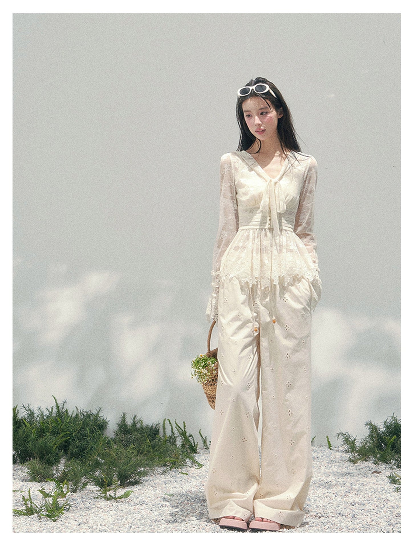 少也眼 “Lace’s Fading Dream” Sheer Lace V-Neck Cinched Top 53663788558