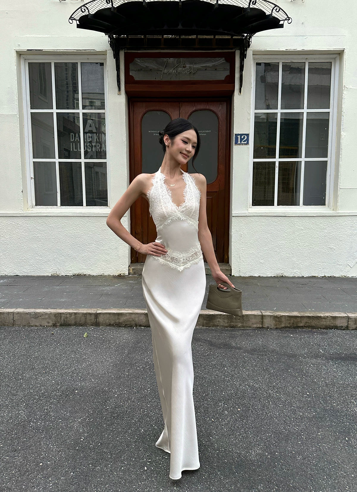 VENUIE - Champagne Satin Lace-Trim Halter Mermaid Maxi Dress