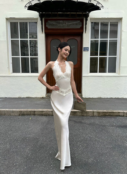 VENUIE - Champagne Satin Lace-Trim Halter Mermaid Maxi Dress