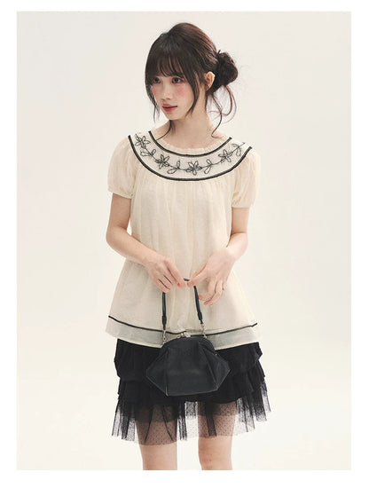 "Toasted Cookie" Yellow Flower Rope Embroidery Babydoll Top