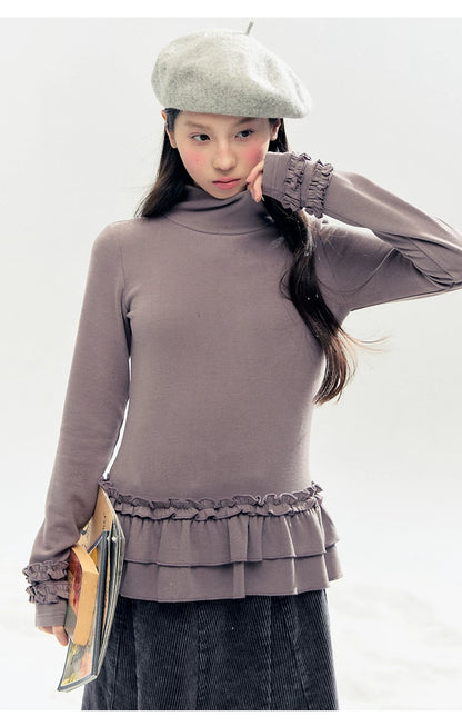 "Lavender Mist" Smoky Mauve Ruffle Ruched Turtleneck Knit Top
