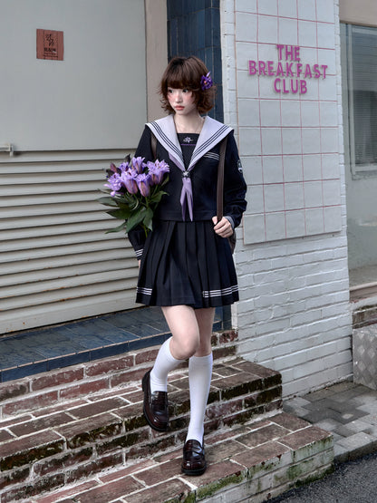 "Snow-Cleared Lily" Gray-Lilac JK Long-Sleeve Sailor Uniform Set