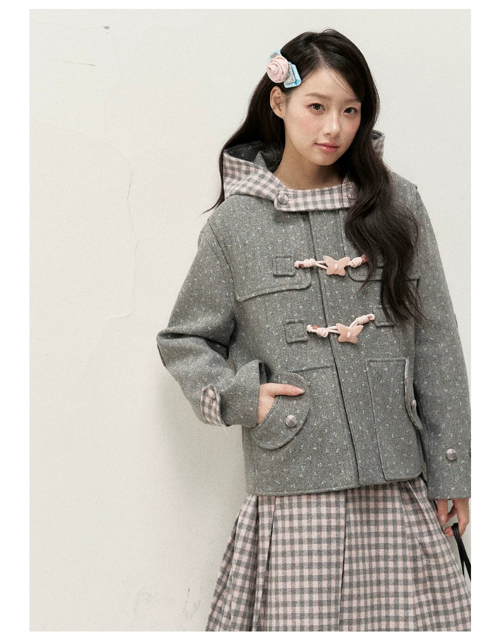 [RF] Floral Heather Gray Pink Plaid-Trim Hooded Duffle Coat