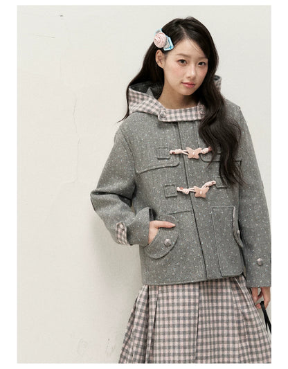 [RF] Floral Heather Gray Pink Plaid-Trim Hooded Duffle Coat