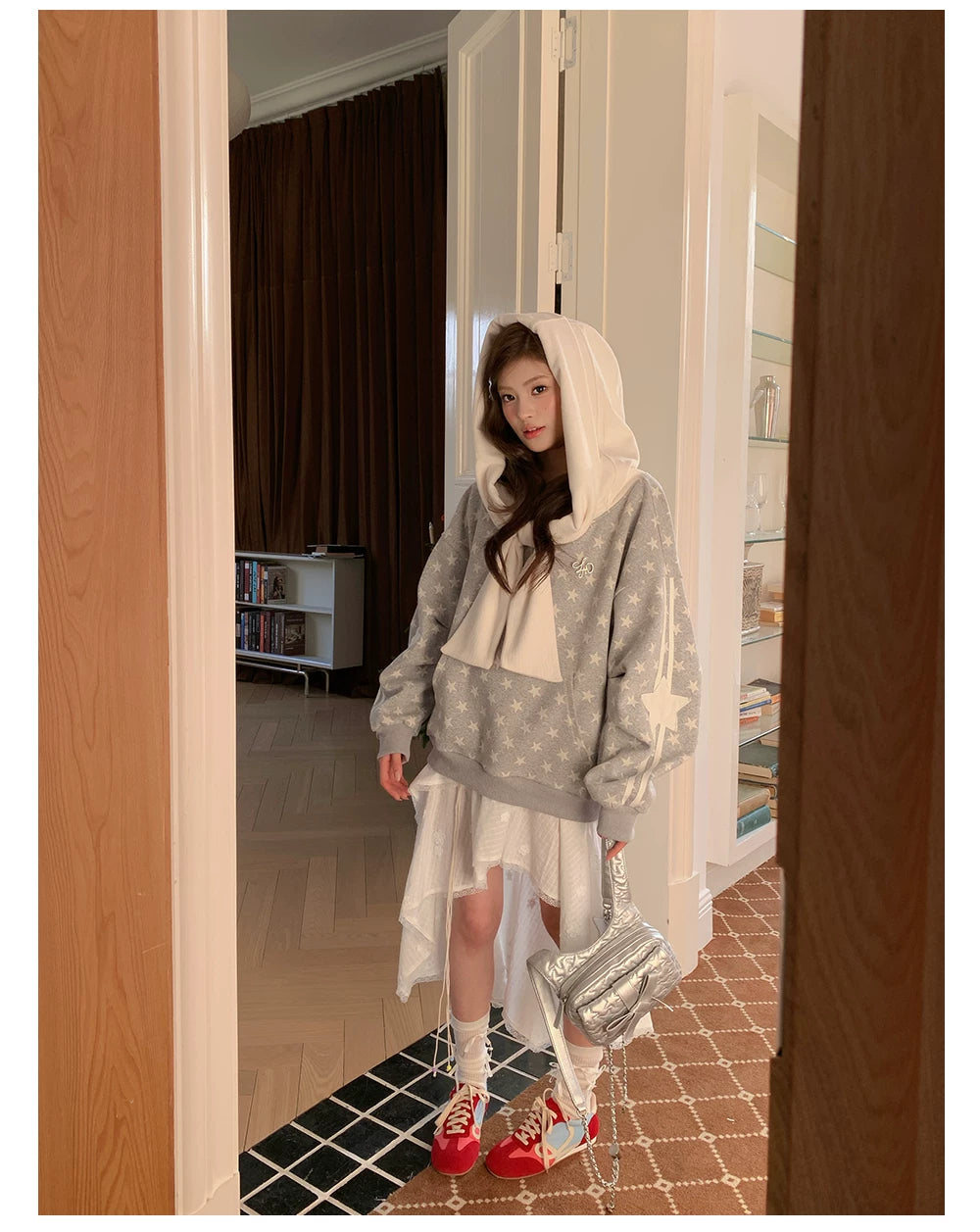 “Starlit Ribbon Reverie” Grey Off-Shoulder Hoodie