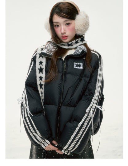 BIBIBENCY - Black Lace-Trimmed 90% White Duck Down Puffer Jacket