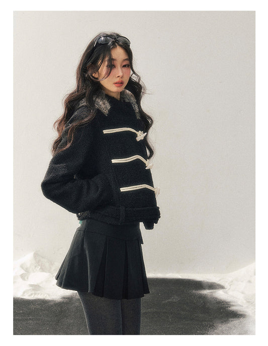 少也眼 "Silent Devotion" Quilted Fringe Wool Coat - Quiet Black