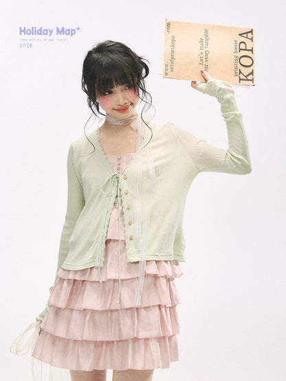 "Misty Pink Reverie" Petal Pink Lace Tie Tiered Sleeveless Dress