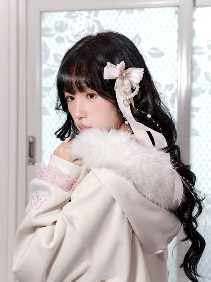 KYOUKO - White & Pink My Melody Fuzzy Collar Ribbon Hoodie