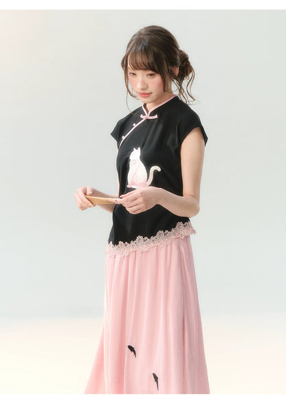 "Pink Letter, Cat’s Silhouette" New Chinese Embroidered Skirt Set SH2026223
