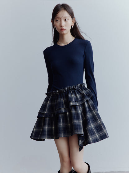 FUSSED Asymmetrical Layered Plaid Dress – Midnight Blue FOF-25AW215