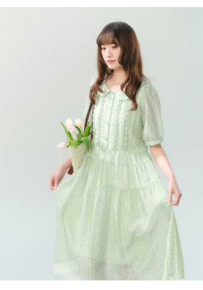"Hyacinth Ballad" Sage Green Polka Dot Tiered Dress LL2026210