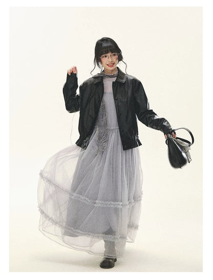 "Morning Veil" Morning Mist Purple Tiered Mesh Slip Midi Dress
