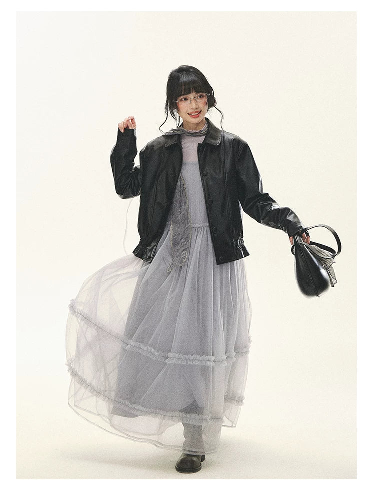 "Venus Gallery" Black Ruffle Collar Cropped Faux Leather Jacket