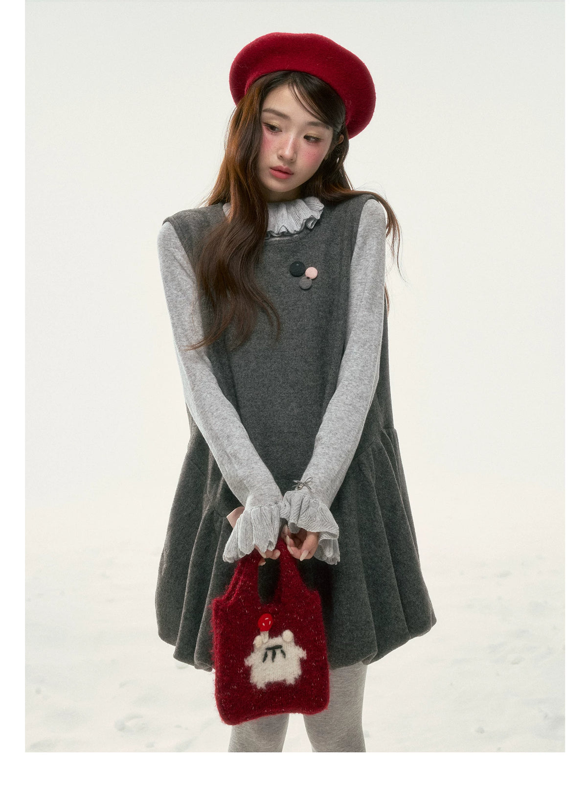 BIBIBENCY - Gray Blouson Cami Dress & Layering Top Set